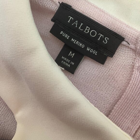 Talbots Pink Sweater Scalloped Peter Pan Collar Bow Merino Wool Old Money Preppy - Picture 3 of 12